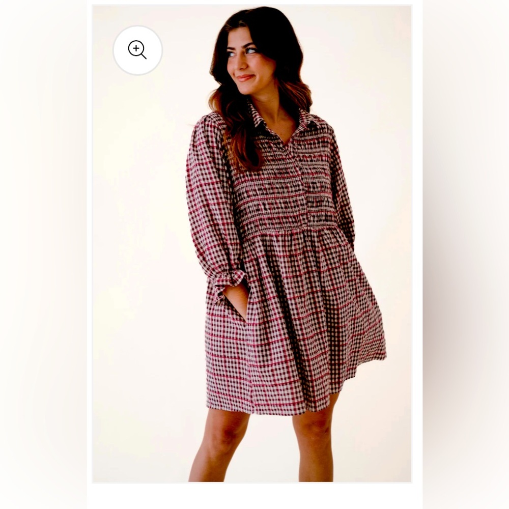 Wine Gingham Smocked Dress